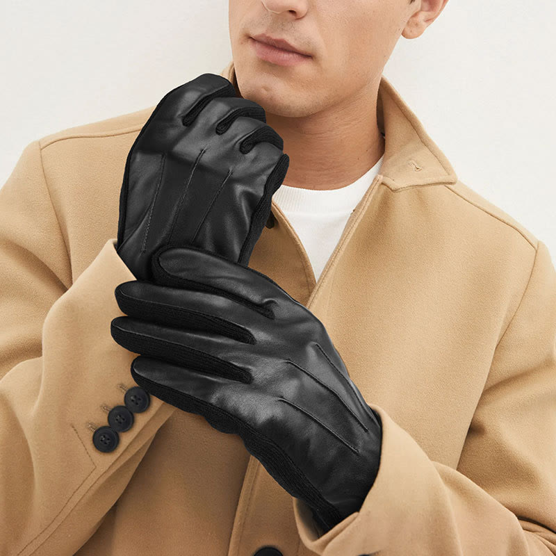 Gants d'hiver pour hommes en cuir doublés polaire compatibles avec les écrans tactiles - image 0