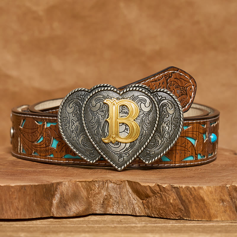Ceinture en cuir avec boucle en forme de cœur et lettres dorées - B - Ceinture turquoise sculptée - 40 - image 3