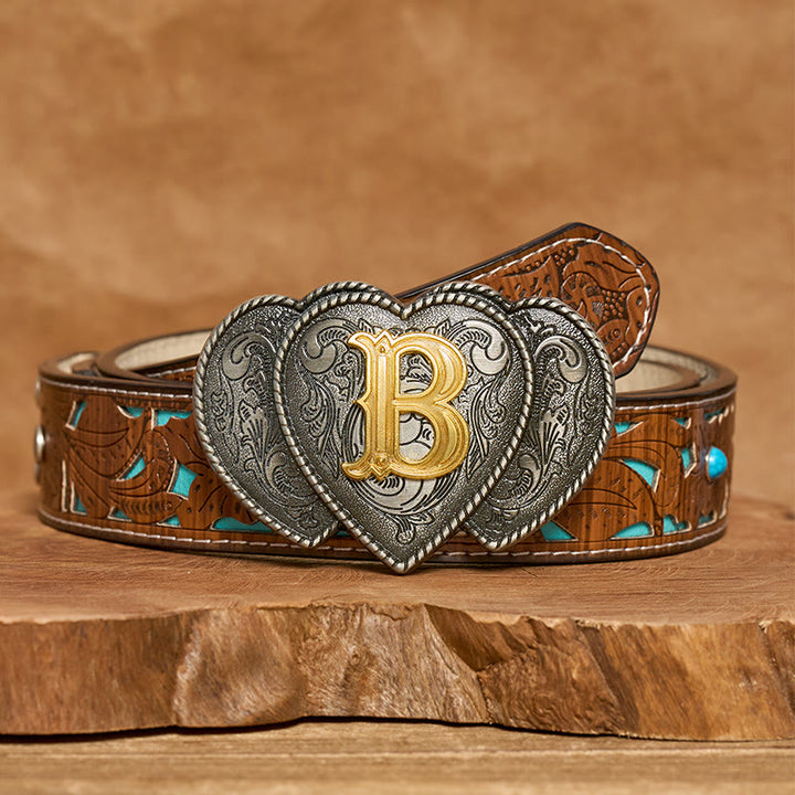 Ceinture en cuir avec boucle en forme de cœur et lettres dorées - B - Ceinture turquoise sculptée - 40 - image 3