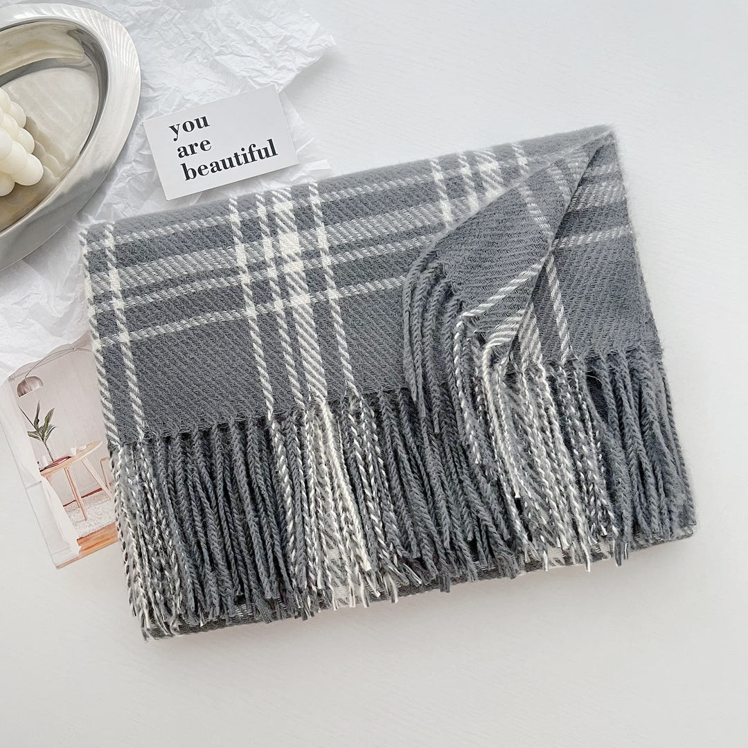 Écharpe châle chaude à franges et carreaux pour femme, idéale pour l'hiver. - Gris - image 9