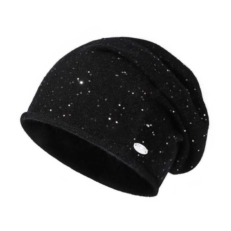 Bonnet tricoté à sequins pour femme, très tendance - Noir - Réglable (environ 22" à 24 1/2") - image 2