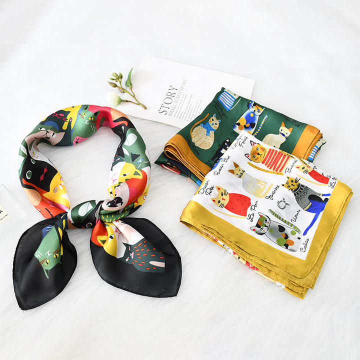 Écharpe carrée fine à motif chat mignon pour femme, toutes saisons - image 0