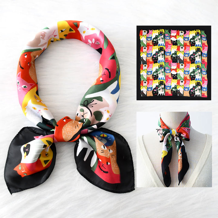 Écharpe carrée fine à motif chat mignon pour femme, toutes saisons - Noir - image 3