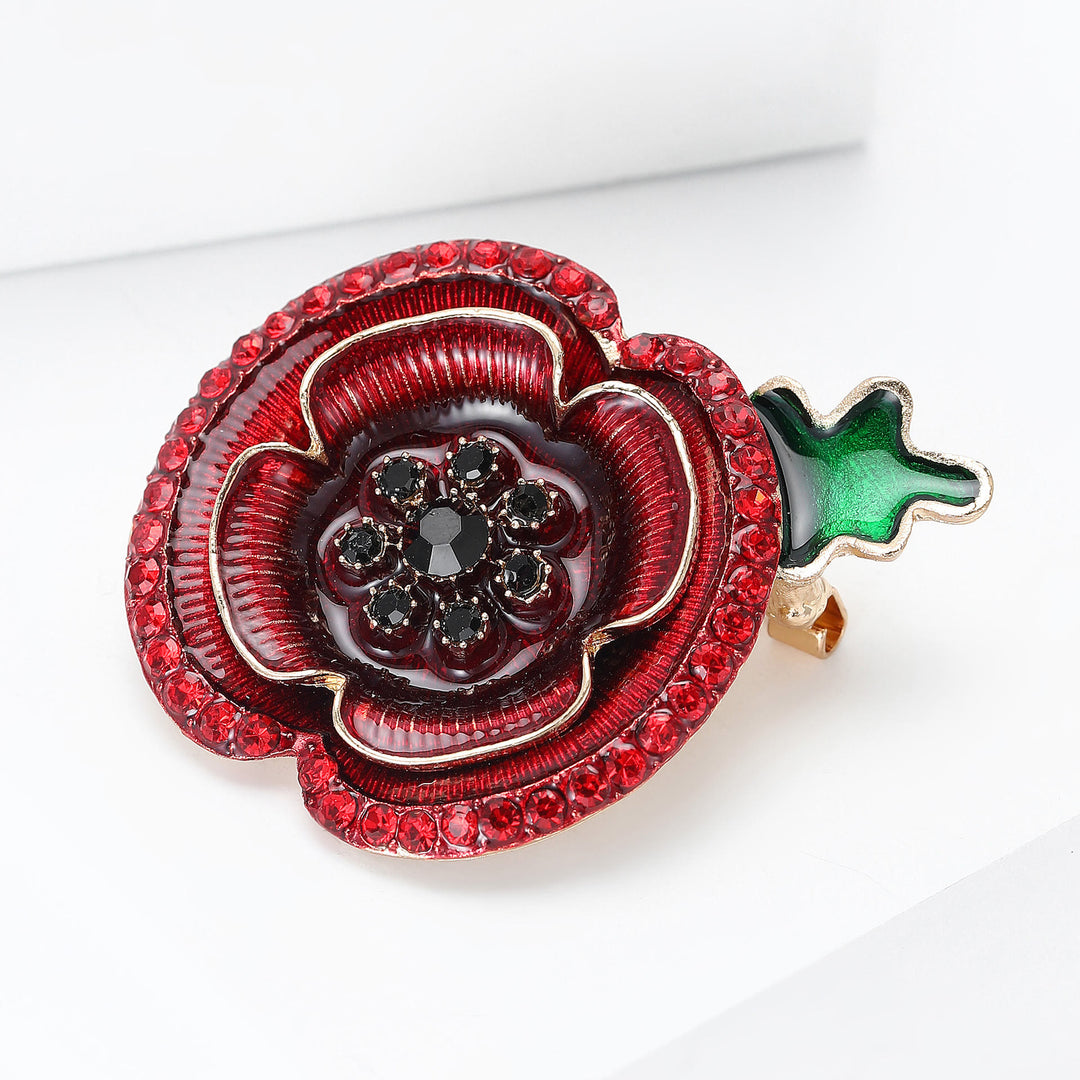 Broche en forme de pavot en cristal rouge, tige verte et accents dorés - image 2