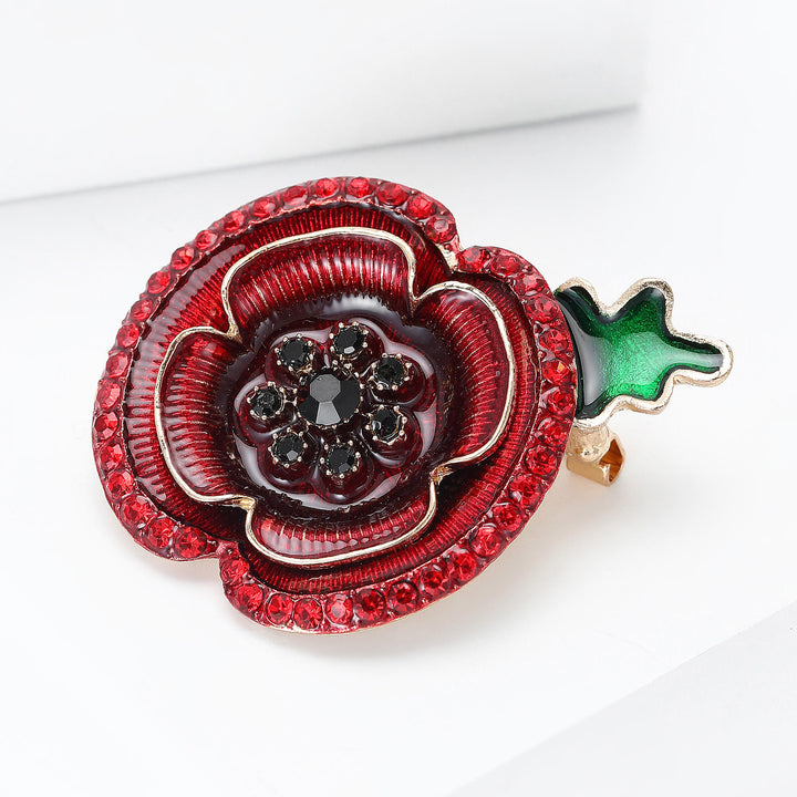 Broche en forme de pavot en cristal rouge, tige verte et accents dorés - image 2