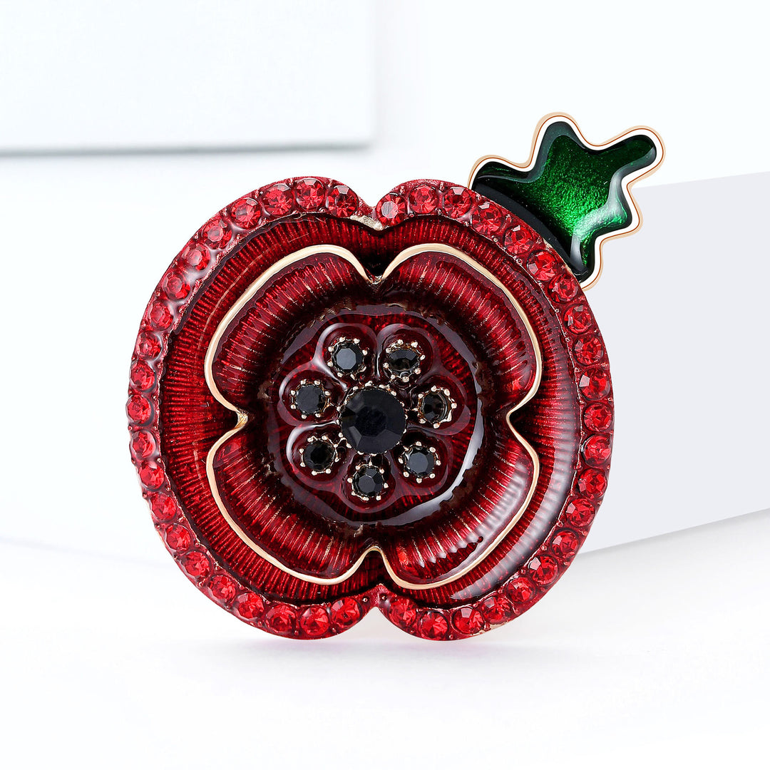 Broche en forme de pavot en cristal rouge, tige verte et accents dorés - Rouge - image 0