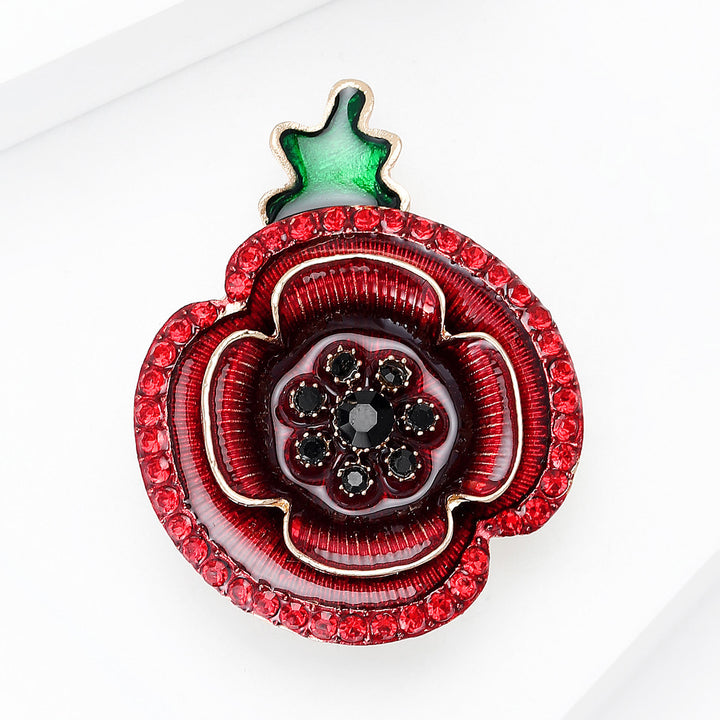 Broche en forme de pavot en cristal rouge, tige verte et accents dorés - image 1