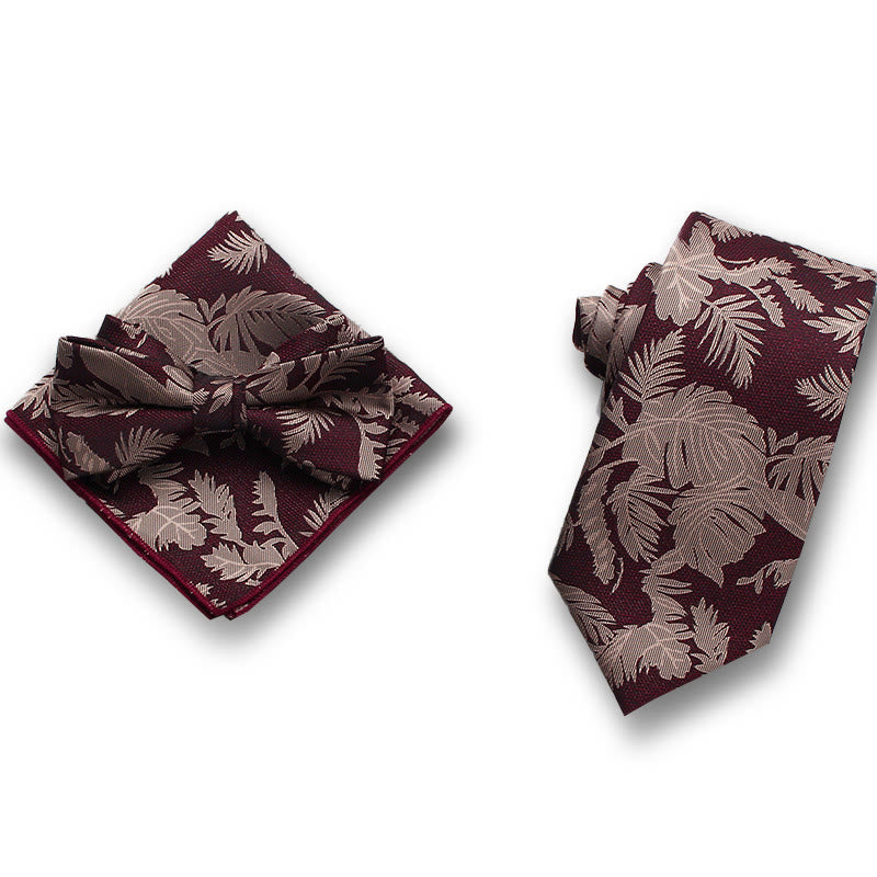 Ensemble de 3 pièces pour homme : nœud papillon en satin à motif de feuilles délicates, pochette et cravate formelle - Style n° 2 - image 1