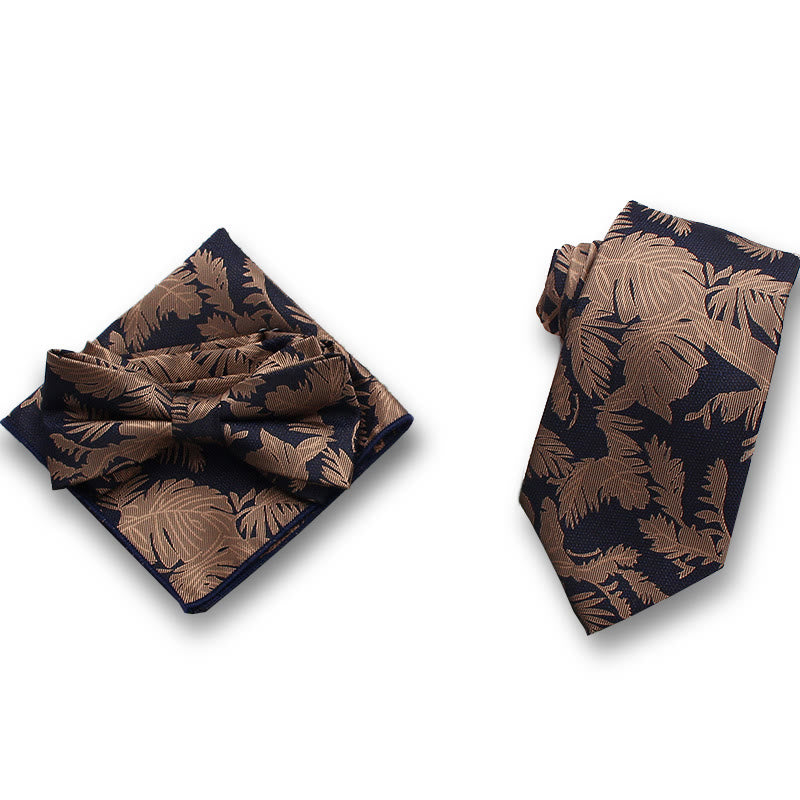Ensemble de 3 pièces pour homme : nœud papillon en satin à motif de feuilles délicates, pochette et cravate formelle - Style n° 3 - image 2