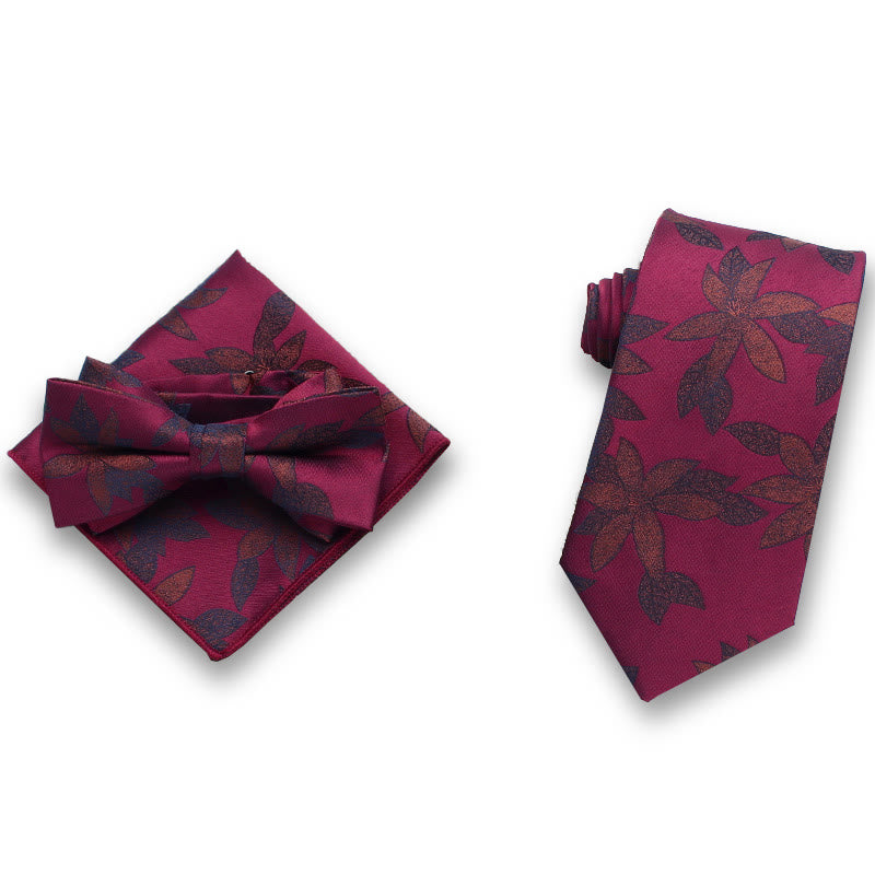 Ensemble de 3 pièces pour homme : nœud papillon en satin à motif de feuilles délicates, pochette et cravate formelle - Style n° 5 - image 4
