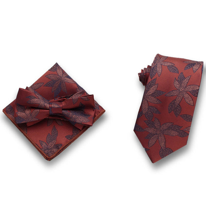Ensemble de 3 pièces pour homme : nœud papillon en satin à motif de feuilles délicates, pochette et cravate formelle - Style n° 6 - image 5