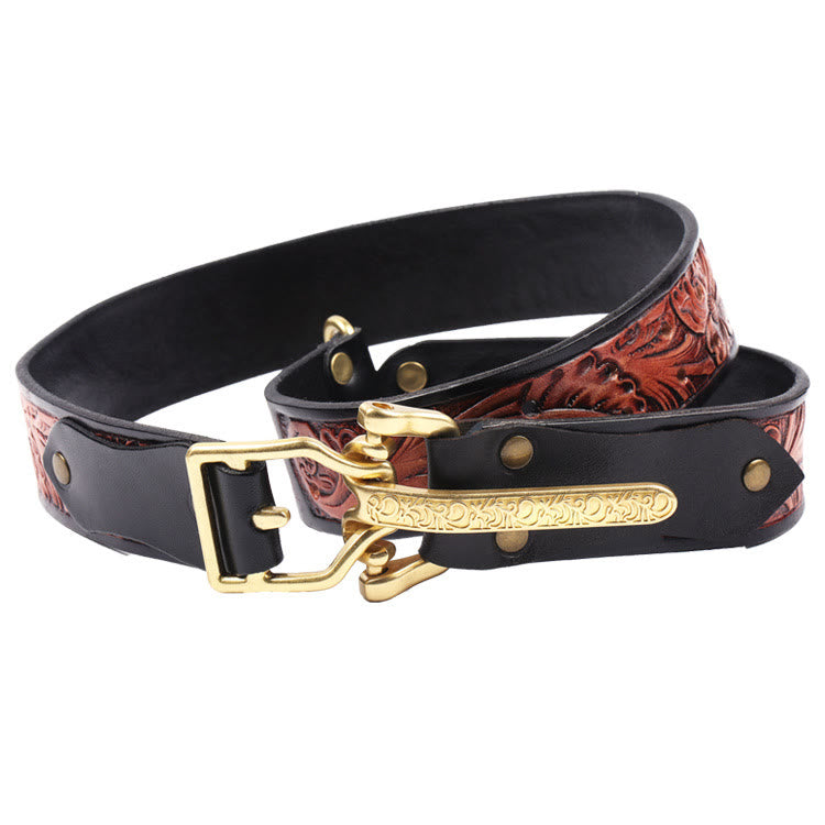 Ceinture en cuir sculpté à boucle dorée style chevalier rétro pour homme - Sculpture noire - 34 - image 0