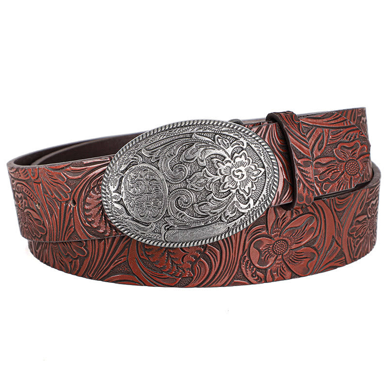 Ceinture en cuir pour homme avec boucle ovale argentée rétro - Vin - 40 - image 9