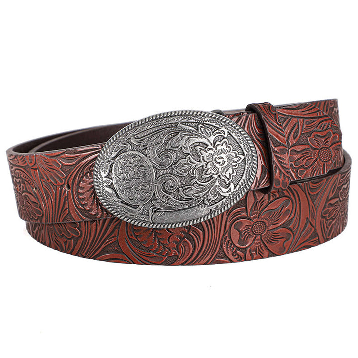 Ceinture en cuir pour homme avec boucle ovale argentée rétro - Vin - 40 - image 9