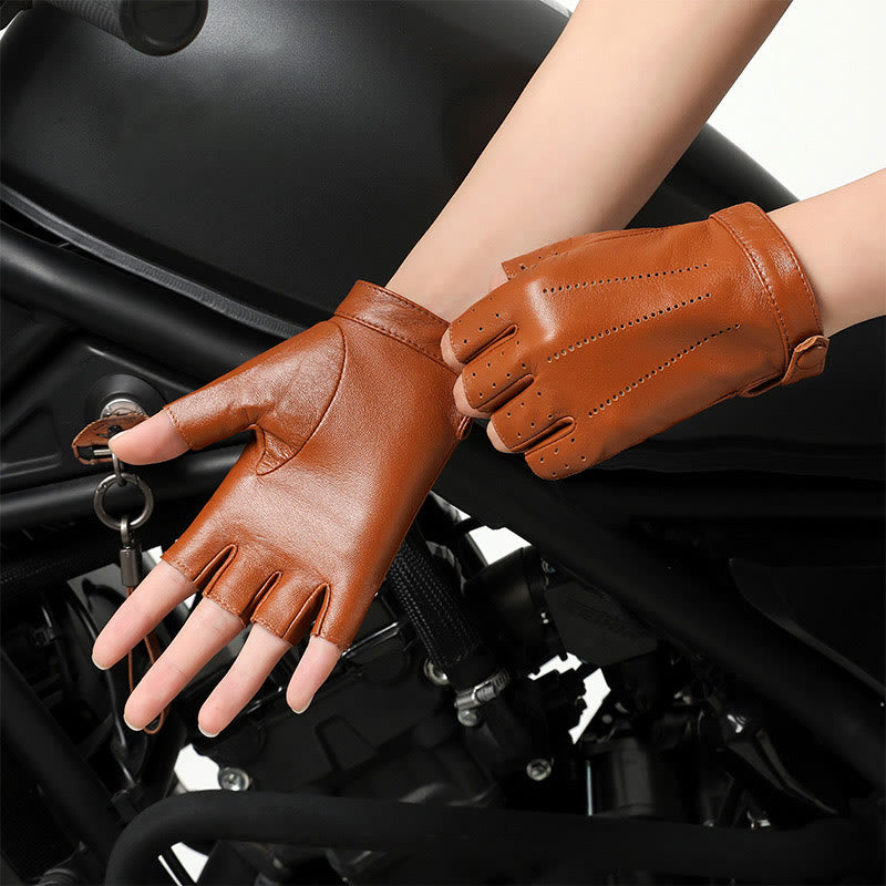 Gants de cyclisme demi-doigts pour femmes, en cuir respirant et protecteur, pour femmes. - Chameau - XL - image 0