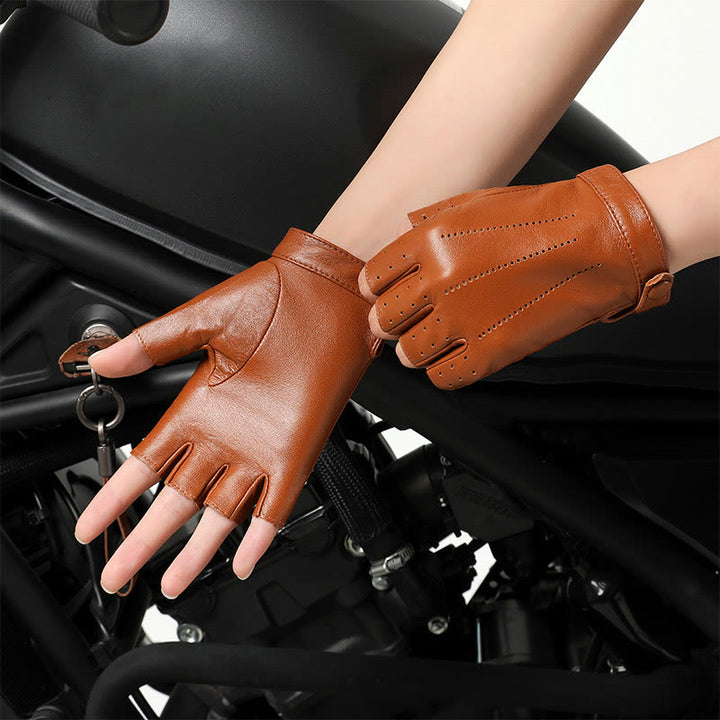 Gants de cyclisme demi-doigts pour femmes, en cuir respirant et protecteur, pour femmes. - Chameau - XL - image 0
