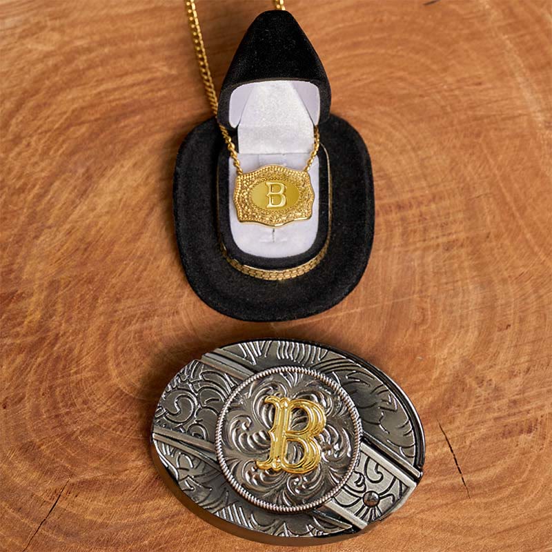 Ensemble collier et boucle de ceinture dorés avec initiale et couteau caché à faire soi-même - B - Sans ceinture - image 2