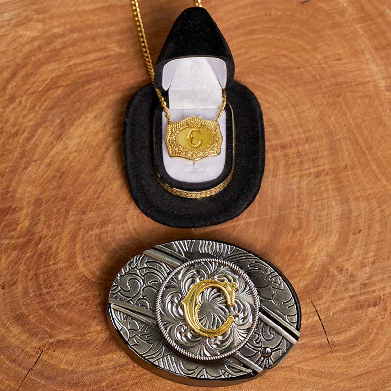 Ensemble collier et boucle de ceinture dorés avec initiale et couteau caché à faire soi-même - C - Sans ceinture - image 8