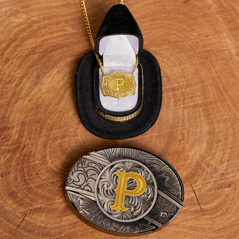 Ensemble collier et boucle de ceinture dorés avec initiale et couteau caché à faire soi-même - P - Sans ceinture - image 21