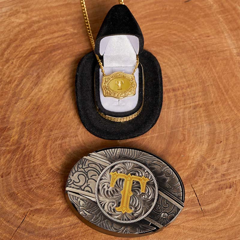 Ensemble collier et boucle de ceinture dorés avec initiale et couteau caché à faire soi-même - T - Sans ceinture - image 25