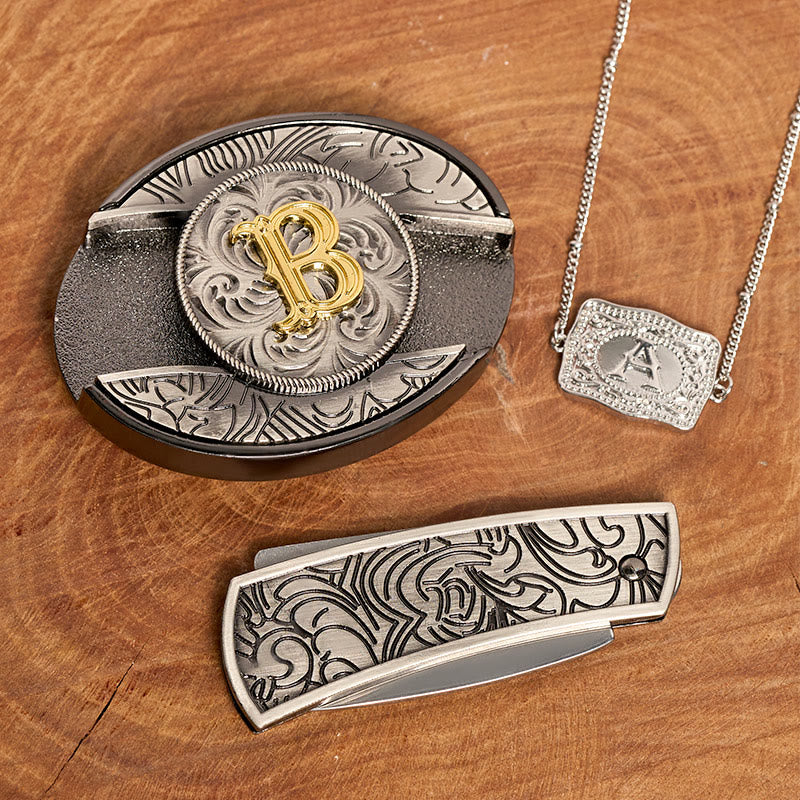 Ensemble collier et boucle de ceinture argentée avec initiale et couteau caché à faire soi-même - image 3