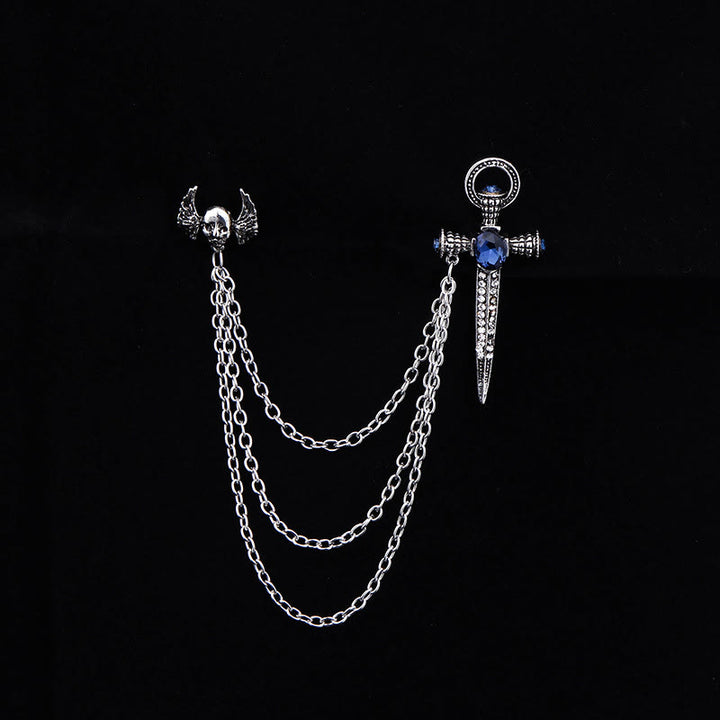 Broche multichaînes style punk sombre à tête de mort, ailes et poignard - Argent - image 2