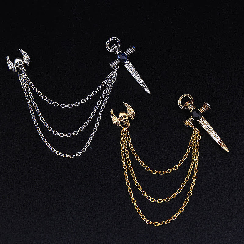 Broche multichaînes style punk sombre à tête de mort, ailes et poignard - image 0