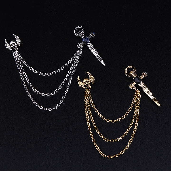 Broche multichaînes style punk sombre à tête de mort, ailes et poignard - image 0