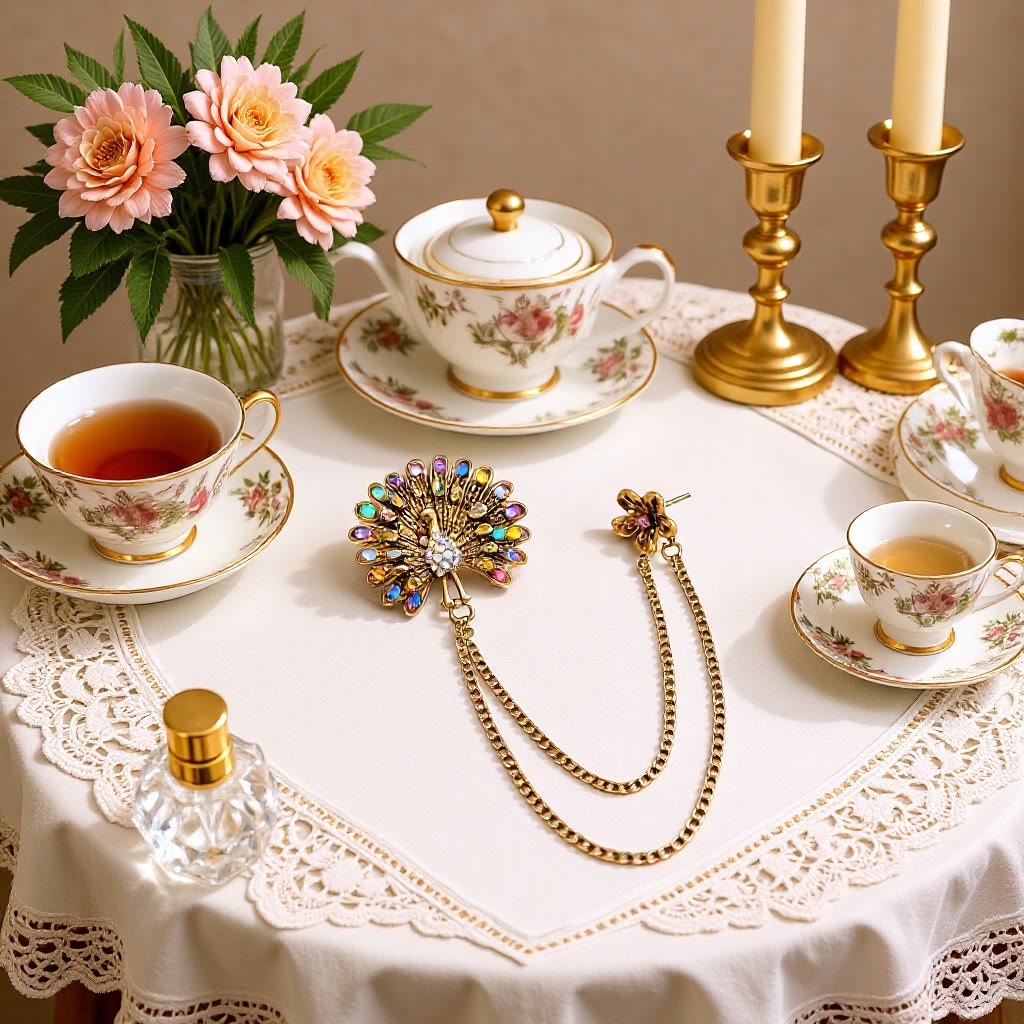 Broche ornée d'une plume de paon et de cristaux colorés à double chaîne - image 0