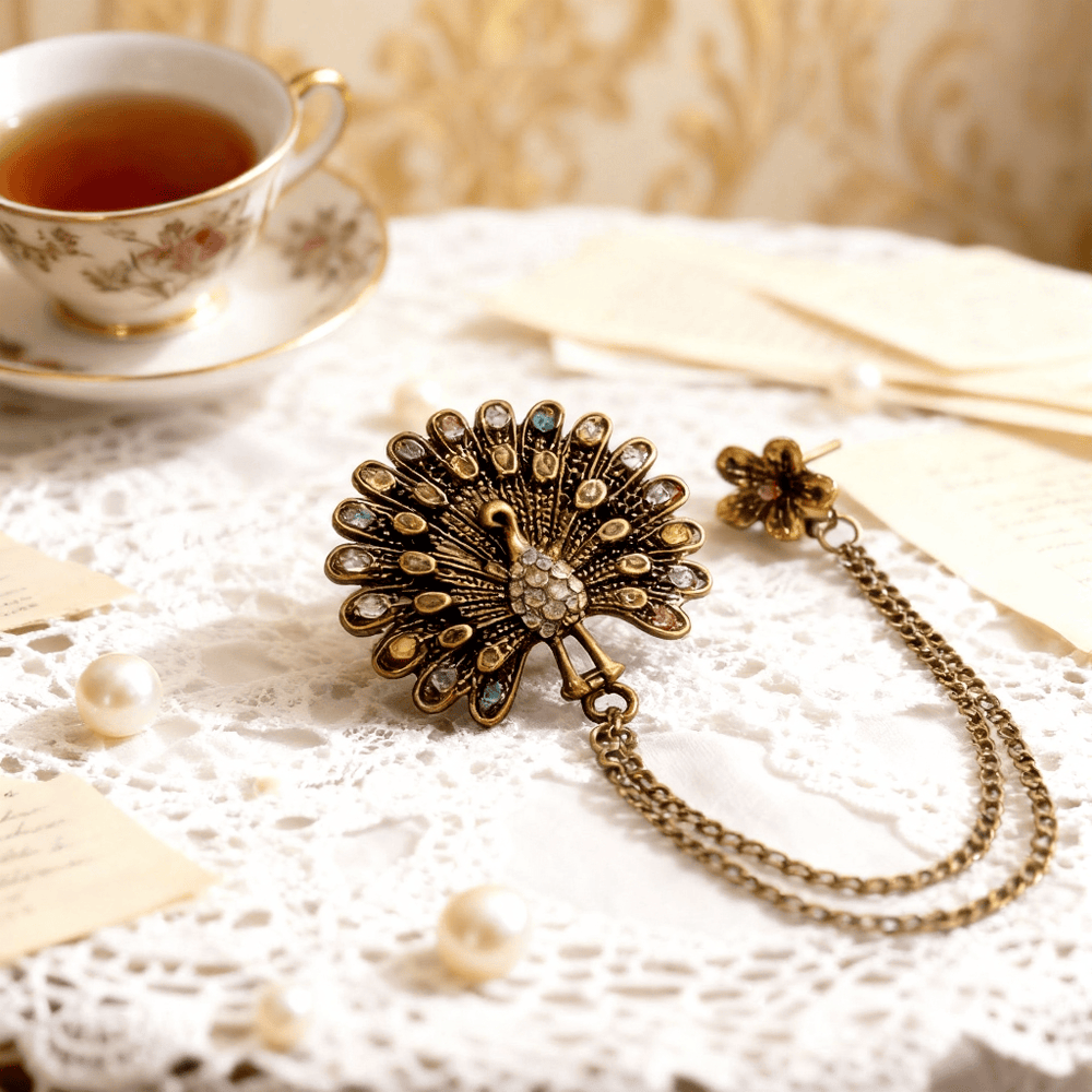 Broche ornée d'une plume de paon et de cristaux colorés à double chaîne - Style n° 1 - image 1