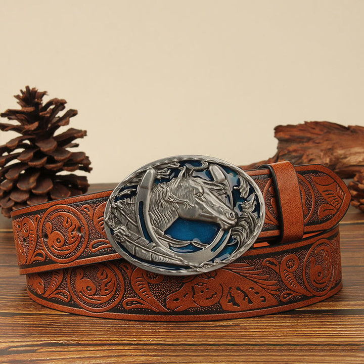 Ceinture en cuir pour homme avec motif tête de cheval et fer à cheval argentés - Cheval bleu - Caramel - 44 - image 7