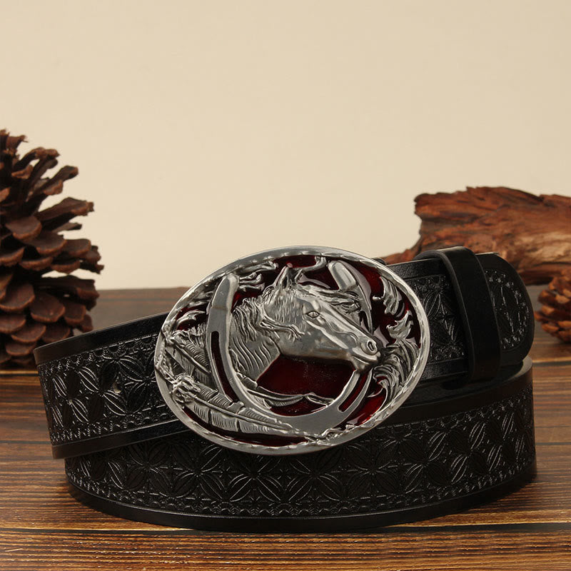Ceinture en cuir pour homme avec motif tête de cheval et fer à cheval argentés - Cheval rouge - Noir n° 2 - 44 - image 2