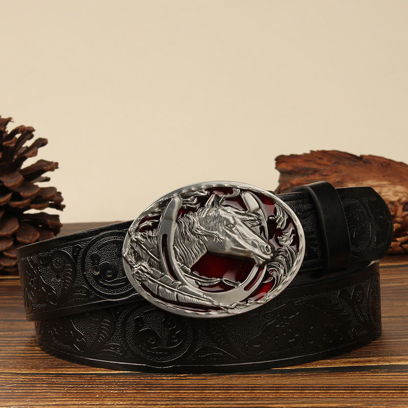 Ceinture en cuir pour homme avec motif tête de cheval et fer à cheval argentés - Cheval rouge - Noir n° 1 - 44 - image 1