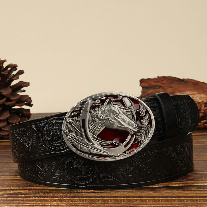 Ceinture en cuir pour homme avec motif tête de cheval et fer à cheval argentés - Cheval rouge - Noir n° 1 - 44 - image 1
