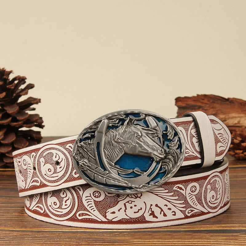 Ceinture en cuir pour homme avec motif tête de cheval et fer à cheval argentés - Cheval bleu - Blanc - 44 - image 8
