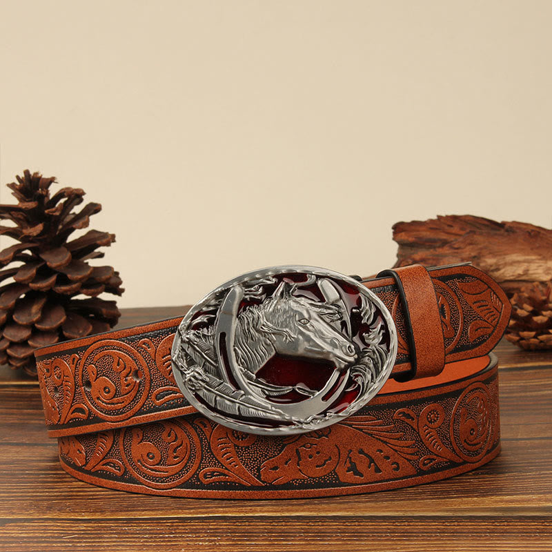 Ceinture en cuir pour homme avec motif tête de cheval et fer à cheval argentés - Cheval rouge - Caramel - 44 - image 3