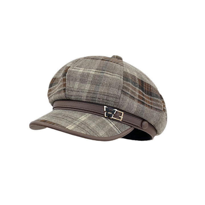 Béret gavroche à carreaux rétro exquis pour femme - Café gris - Réglable (22-22 7/8") - image 0