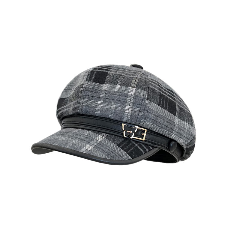 Béret gavroche à carreaux rétro exquis pour femme - Noir-gris - Réglable (22-22 7/8") - image 3