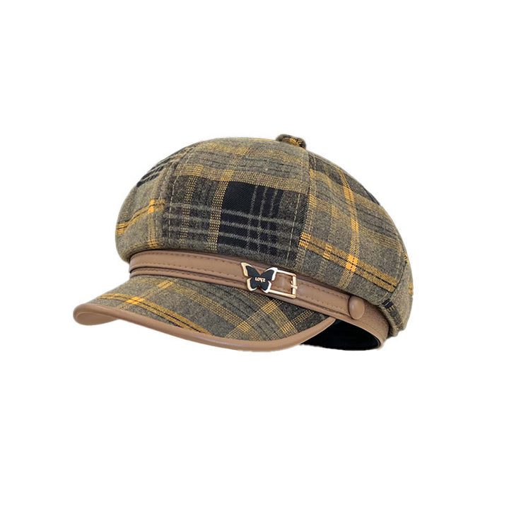 Béret gavroche à carreaux rétro exquis pour femme - Jaune-noir - Réglable (22-22 7/8") - image 5