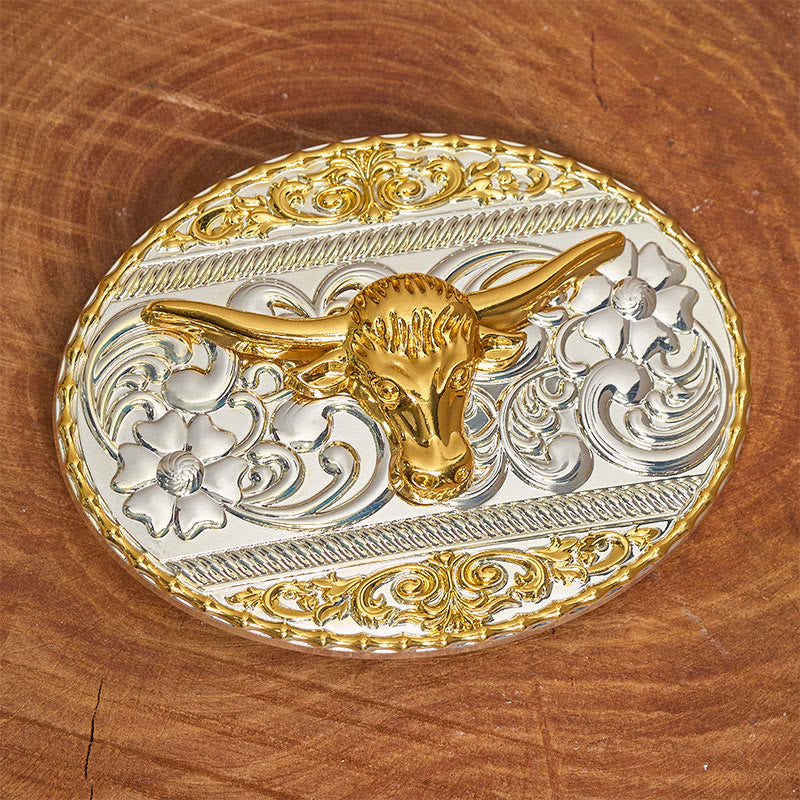 Ceinture en cuir pour homme avec boucle elliptique finement sculptée à tête de taureau doré - image 1