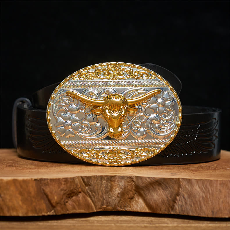 Ceinture en cuir pour homme avec boucle elliptique finement sculptée à tête de taureau doré - Ceinture noire à motif aigle en relief - 42 - image 2