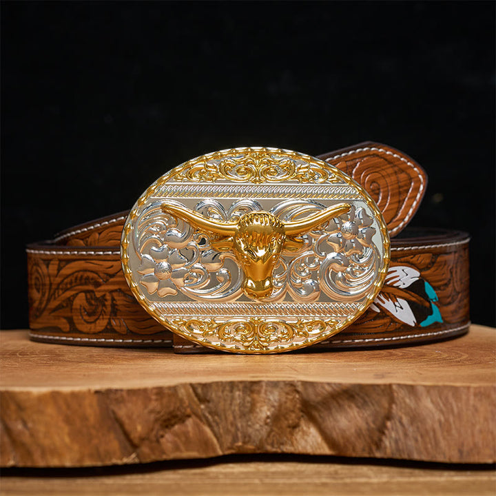 Ceinture en cuir pour homme avec boucle elliptique finement sculptée à tête de taureau doré - Ceinture de plumes brunes - 40 - image 7