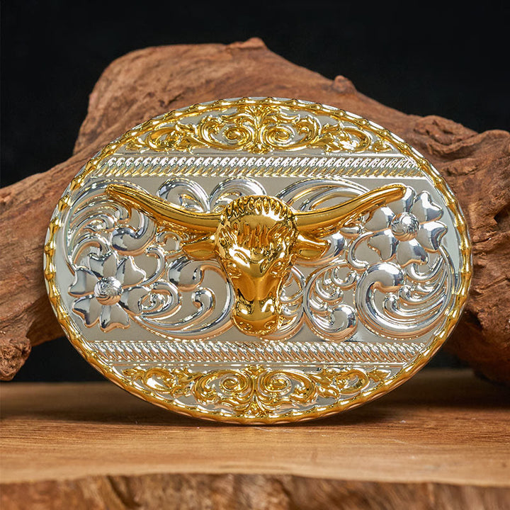 Ceinture en cuir pour homme avec boucle elliptique finement sculptée à tête de taureau doré - Sans ceinture - Ceinture non incluse - image 0