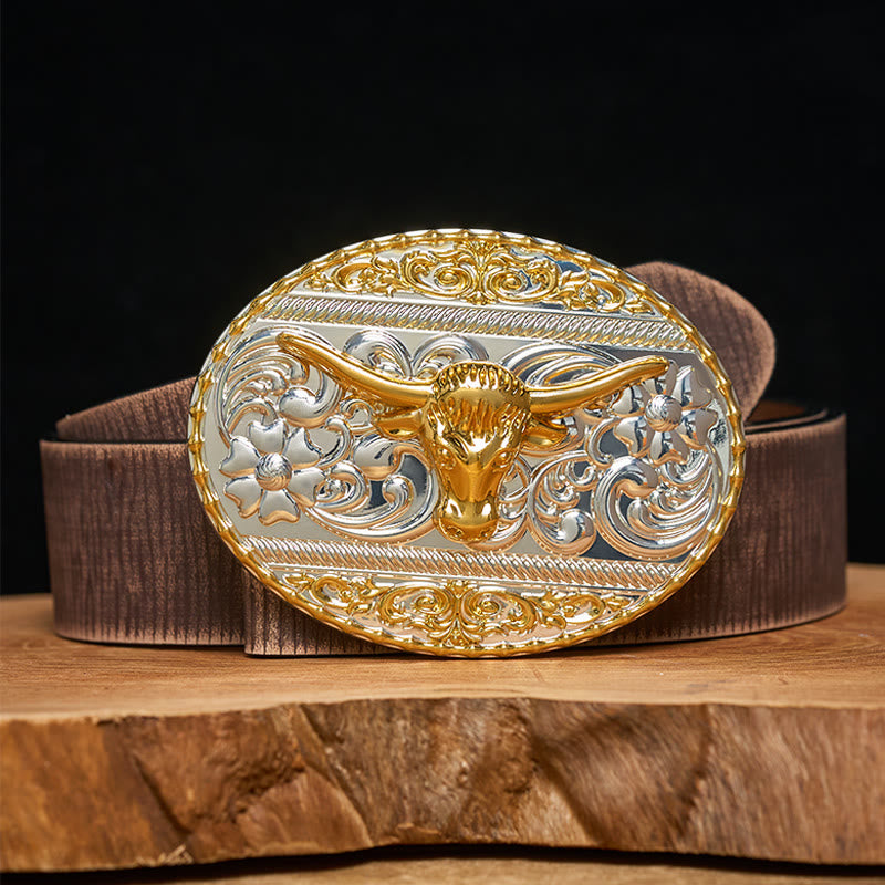 Ceinture en cuir pour homme avec boucle elliptique finement sculptée à tête de taureau doré - Ceinture marron vieillie - 42 - image 5