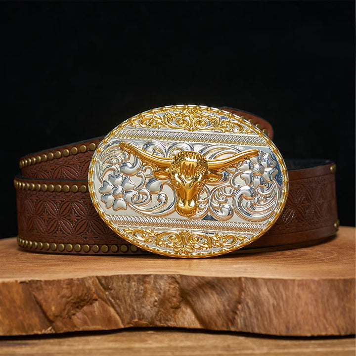 Ceinture en cuir pour homme avec boucle elliptique finement sculptée à tête de taureau doré - Ceinture à rivets marron - 42 - image 4
