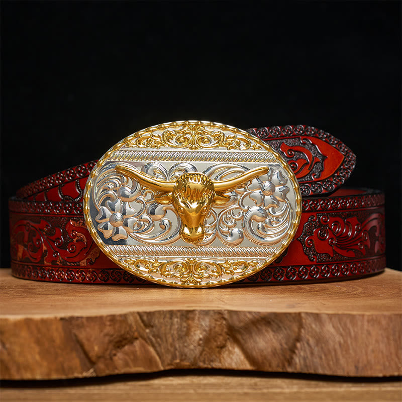 Ceinture en cuir pour homme avec boucle elliptique finement sculptée à tête de taureau doré - Ceinture sculptée marron - 42 - image 6