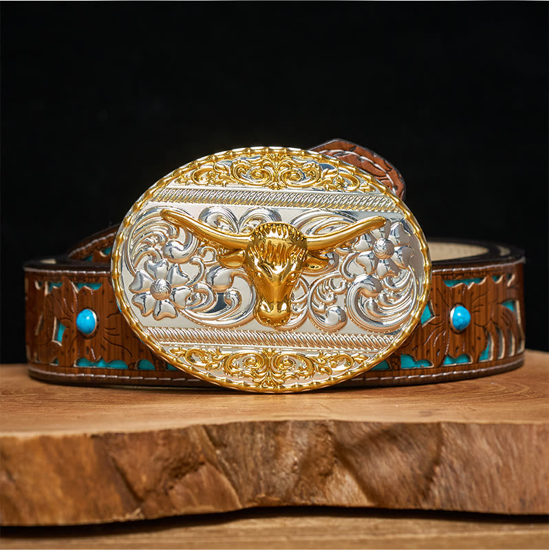 Ceinture en cuir pour homme avec boucle elliptique finement sculptée à tête de taureau doré - Ceinture turquoise sculptée - 42 - image 3