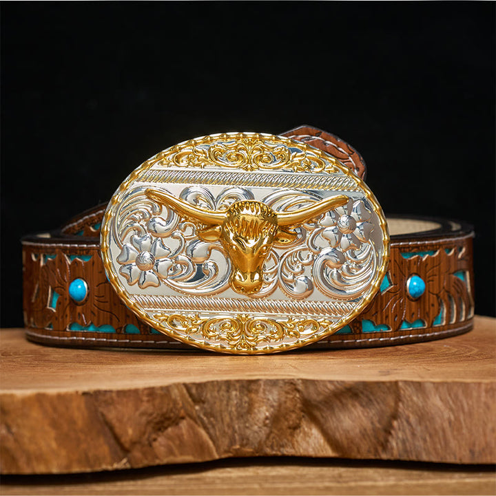 Ceinture en cuir pour homme avec boucle elliptique finement sculptée à tête de taureau doré - Ceinture turquoise sculptée - 42 - image 3