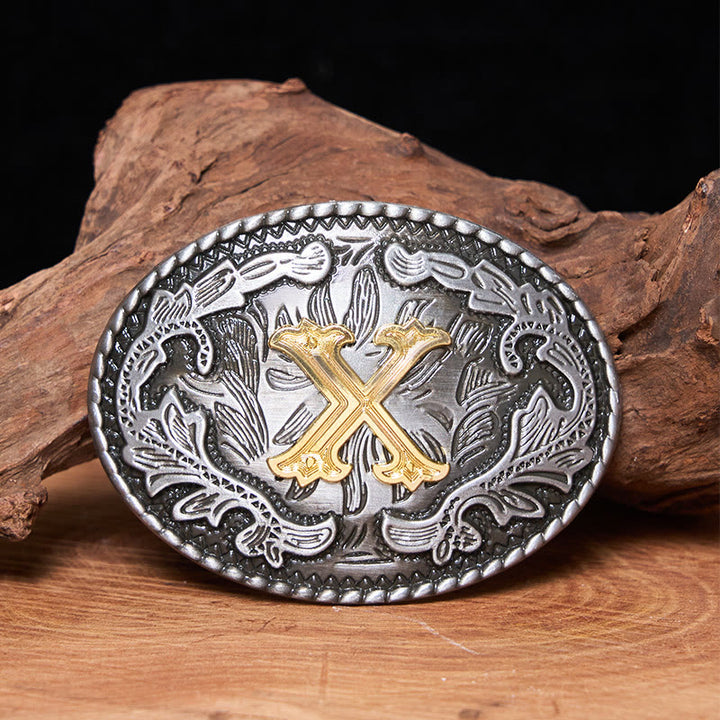 Ceinture en cuir pour homme, style vintage, argentée, ovale, avec boucle en lettres dorées sculptées. - X - Sans ceinture - image 0