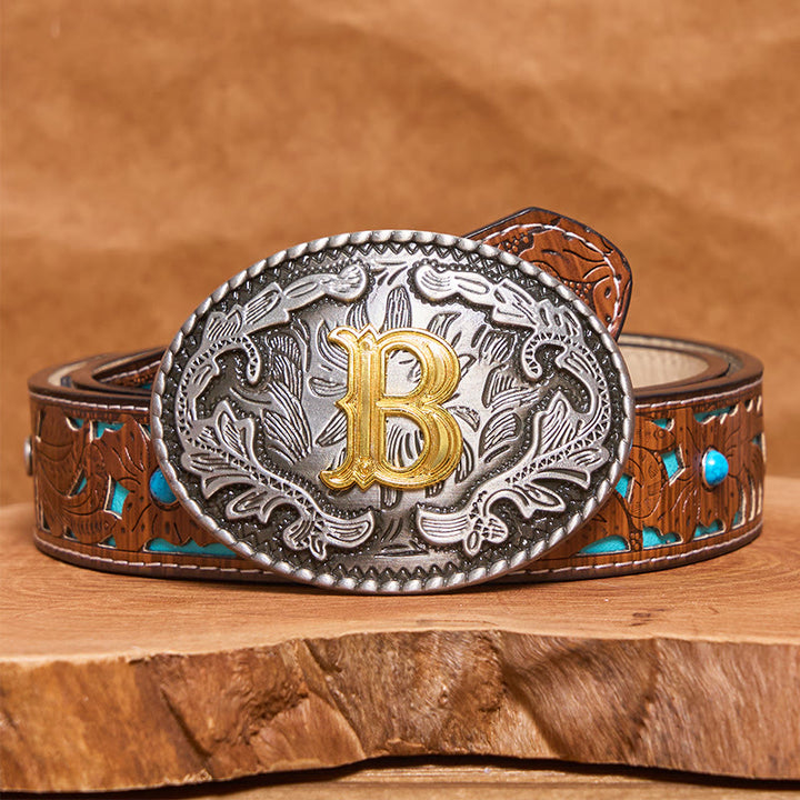 Ceinture en cuir pour homme, style vintage, argentée, ovale, avec boucle en lettres dorées sculptées. - B - Ceinture turquoise sculptée (40) - image 7